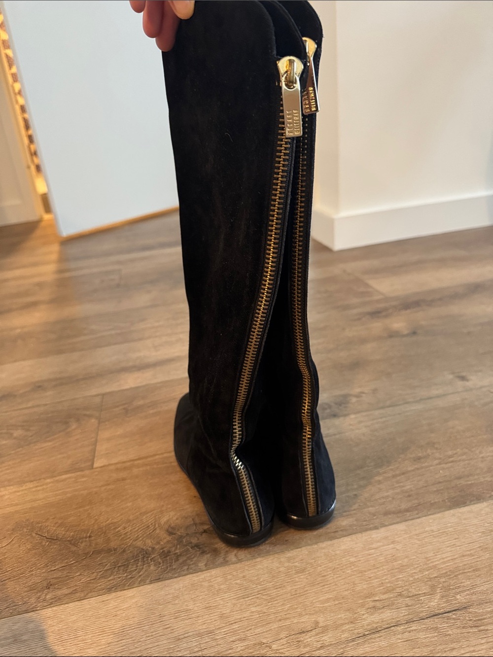Stuart Weitzman Black Suede Tall Boots with Gold Zipper